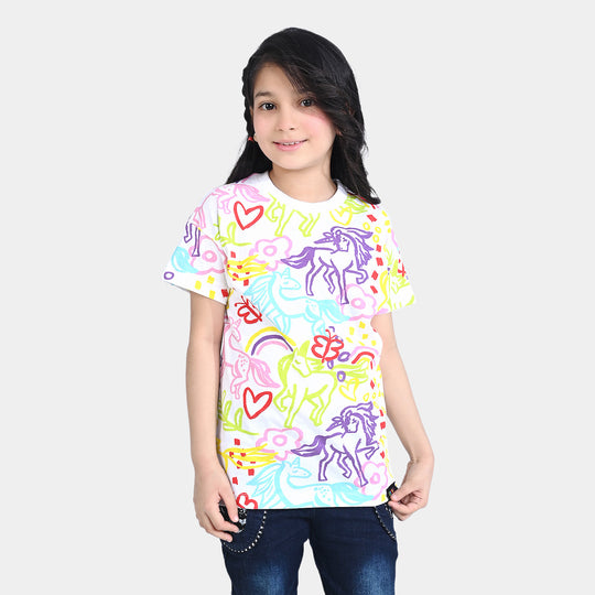 Girls Cotton Jersey T-Shirt H/S Printed-White