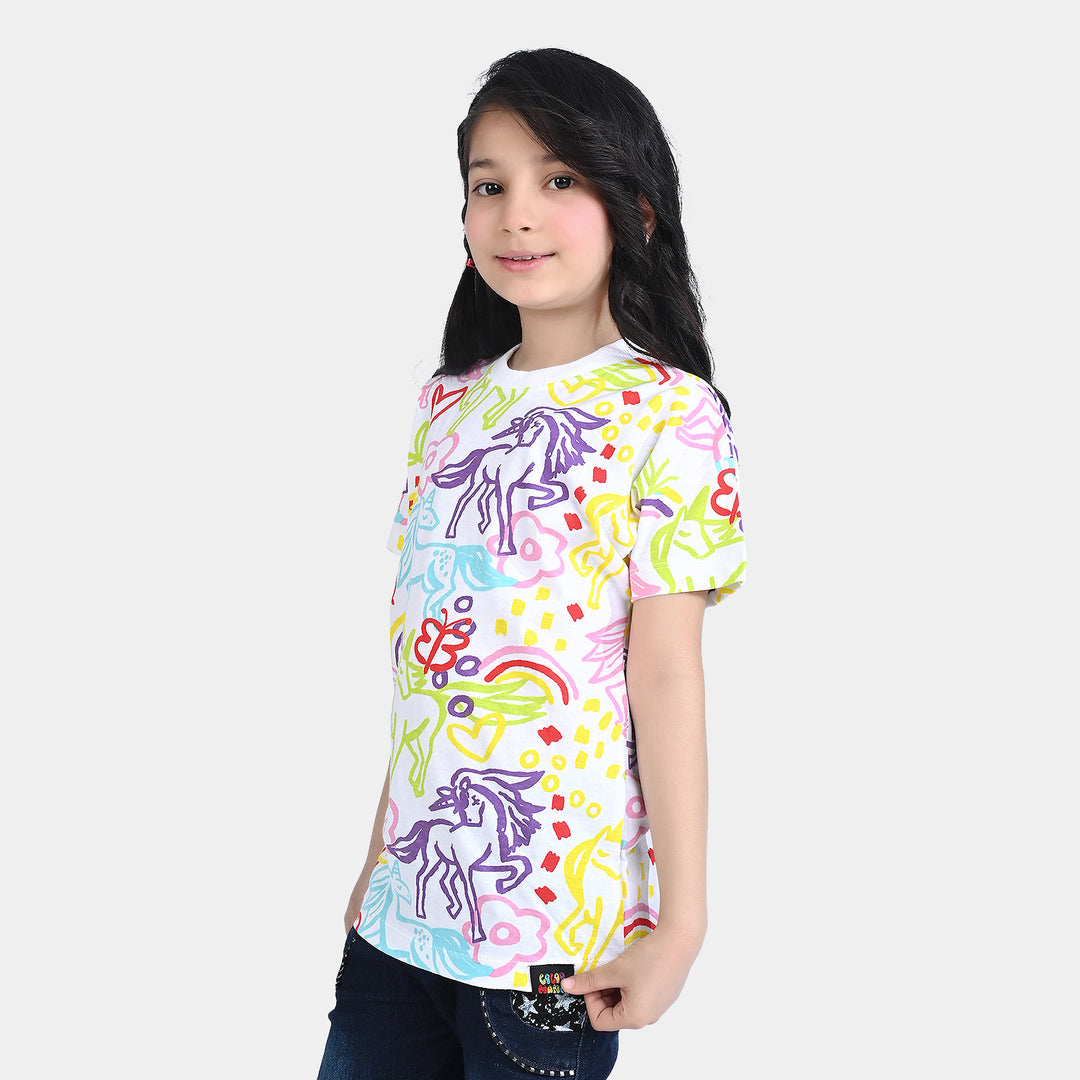 Girls Cotton Jersey T-Shirt H/S Printed-White