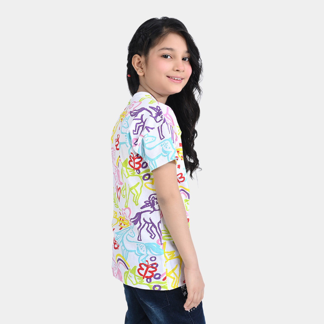 Girls Cotton Jersey T-Shirt H/S Printed-White