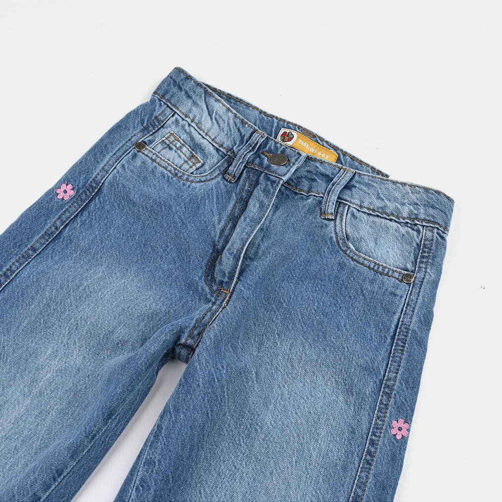 Girls Denim Stretch Pant Flower Emb - LIGHT BLUE