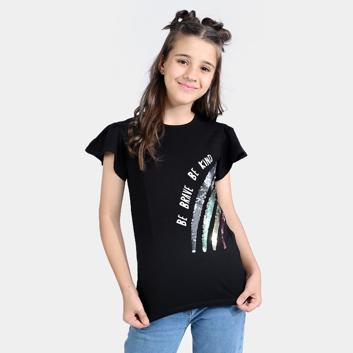 Girls Lycra Jersey T-Shirt Rainbow-BLACK