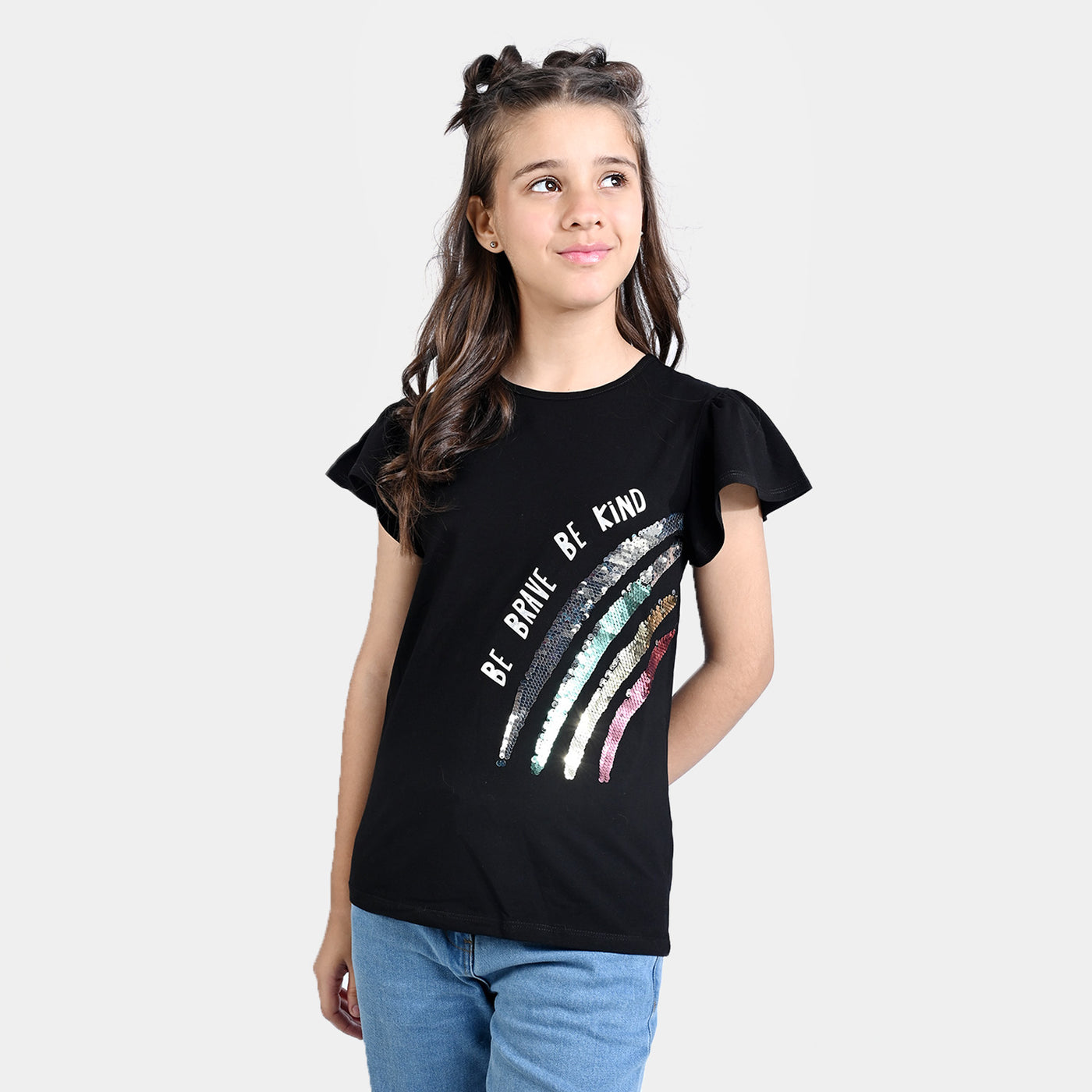 Girls Lycra Jersey T-Shirt Rainbow-BLACK