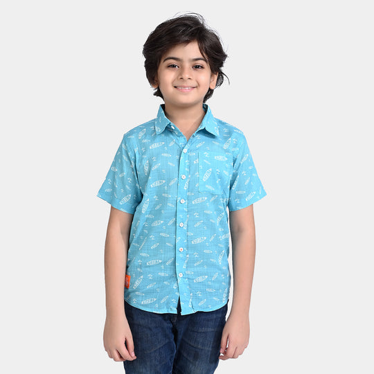 Boys Cotton Slub Casual Shirt H/S (Surfing)-L/BLUE