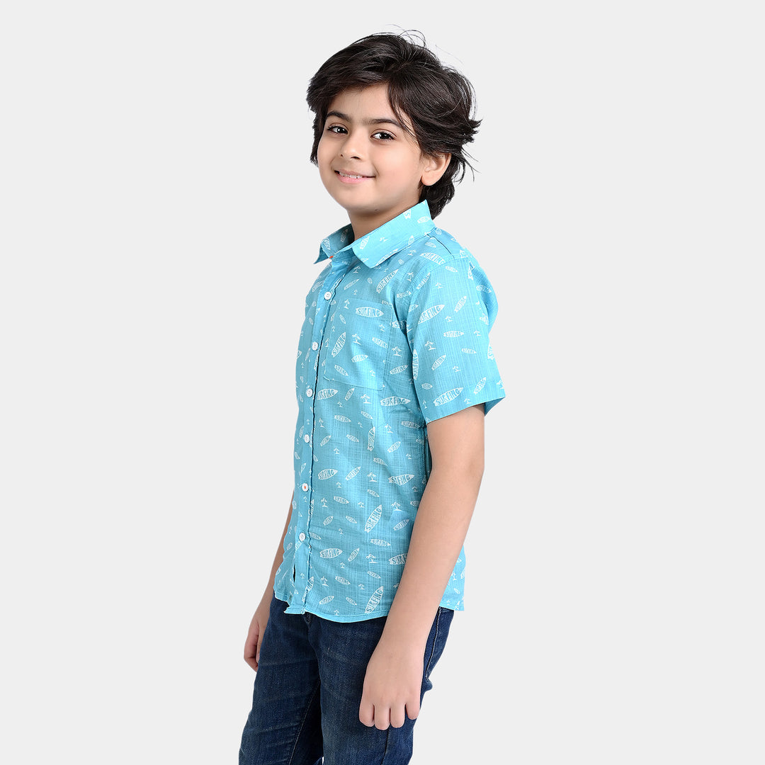 Boys Cotton Slub Casual Shirt H/S (Surfing)-L/BLUE