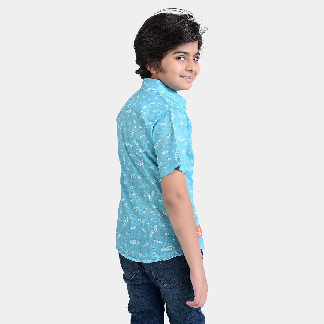 Boys Cotton Slub Casual Shirt H/S (Surfing)-L/BLUE