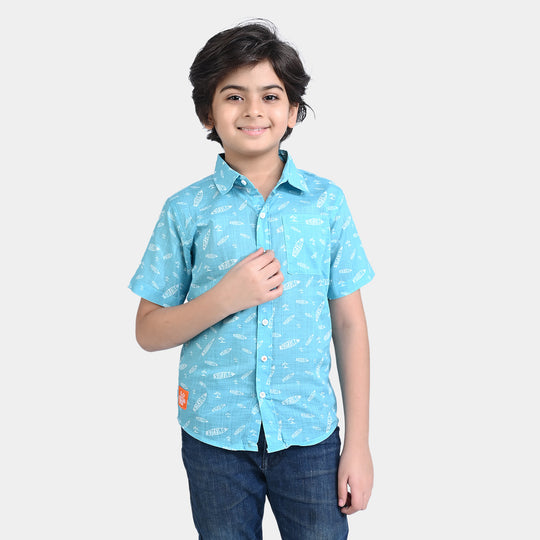 Boys Cotton Slub Casual Shirt H/S (Surfing)-L/BLUE