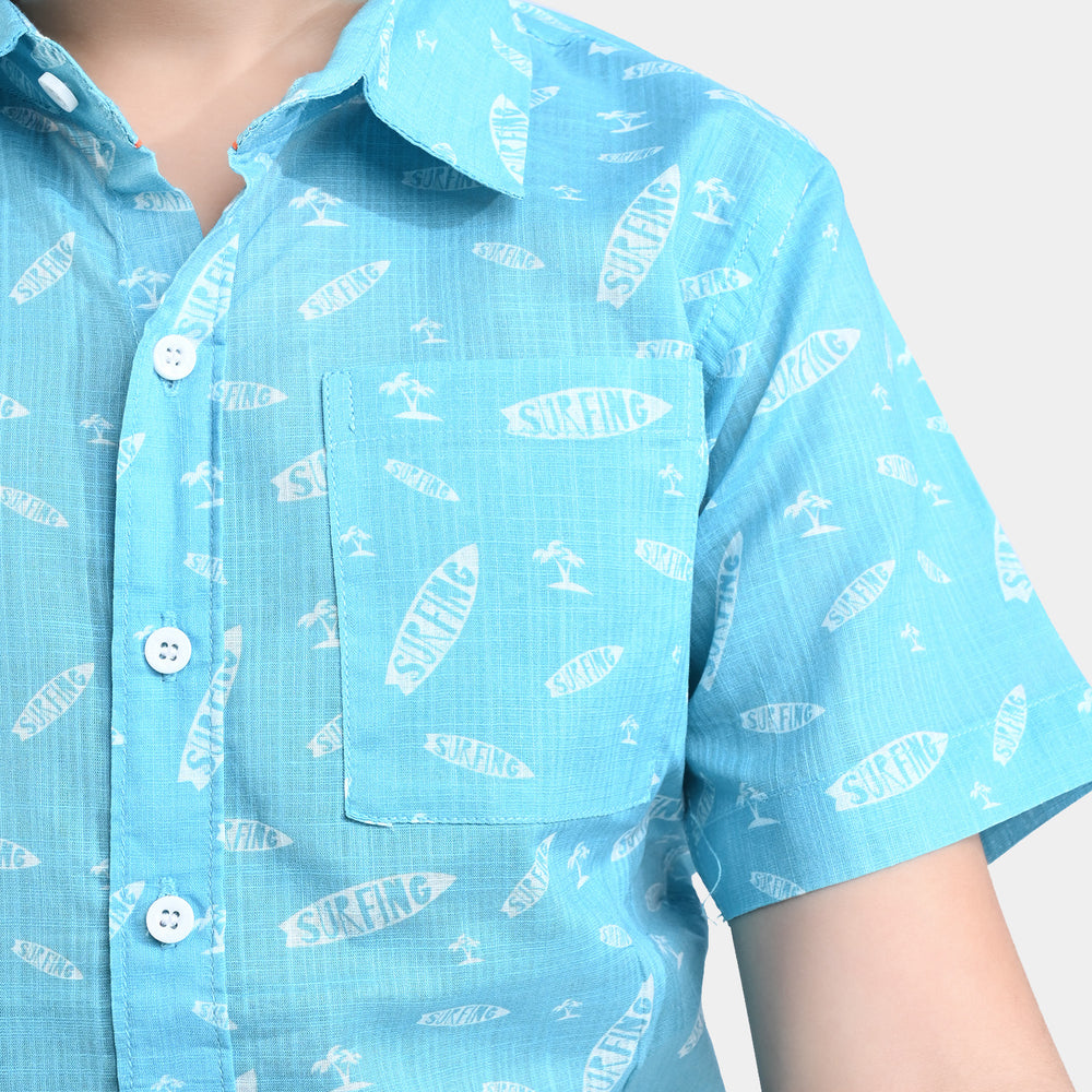 Boys Cotton Slub Casual Shirt H/S (Surfing)-L/BLUE