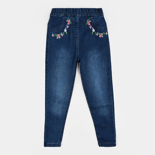 Girls Denim Stretch Jeggings Pocket Flower - Mid Blue