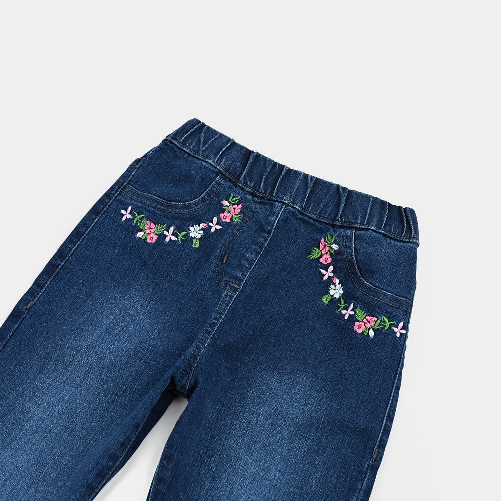 Girls Denim Stretch Jeggings Pocket Flower - Mid Blue