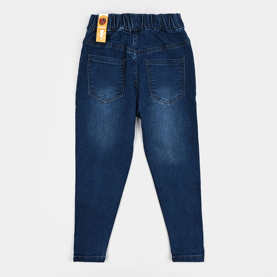 Girls Denim Stretch Jeggings Pocket Flower - Mid Blue