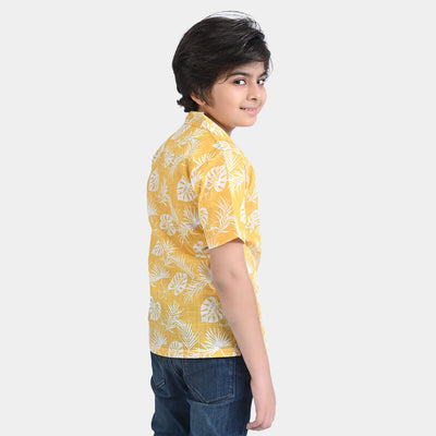 Boys Cotton Slub Casual Shirt H/S (Leaves yellow)-Yellow