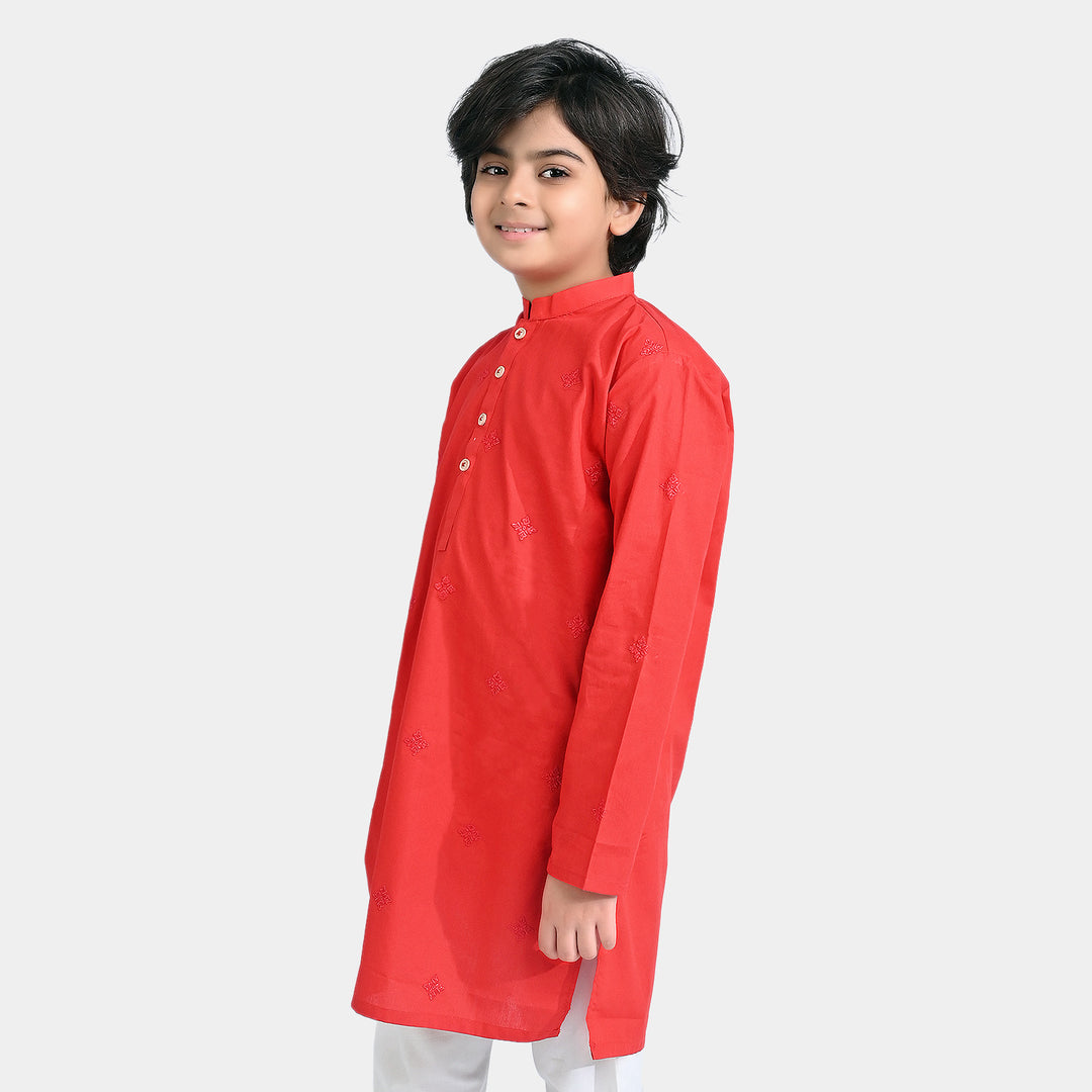 Boys Cotton Poplin Embroidered Kurta (Ethnic Motif)-Redish