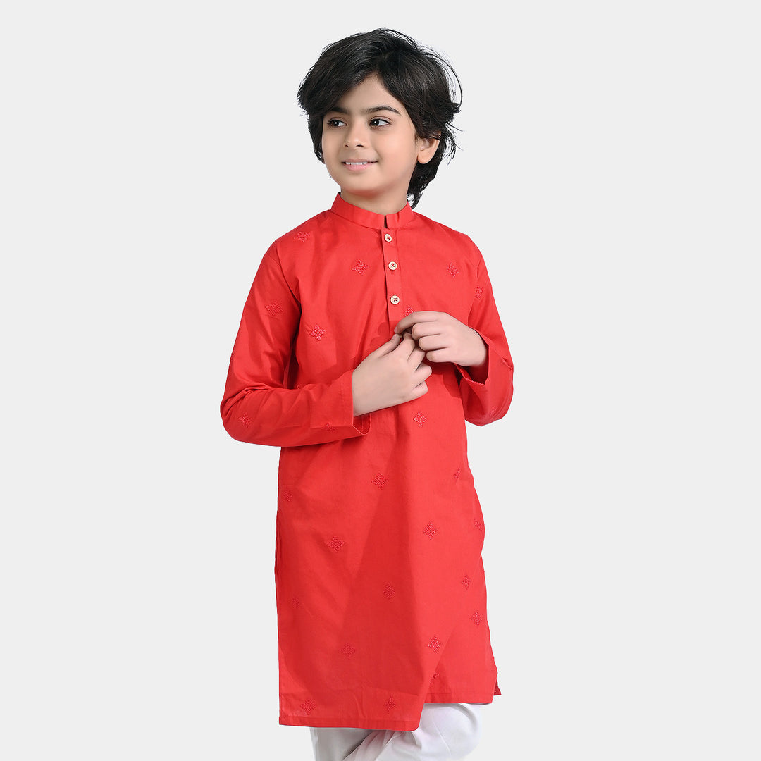 Boys Cotton Poplin Embroidered Kurta (Ethnic Motif)-Redish