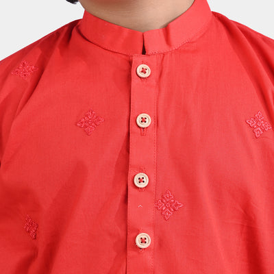 Boys Cotton Poplin Embroidered Kurta (Ethnic Motif)-Redish
