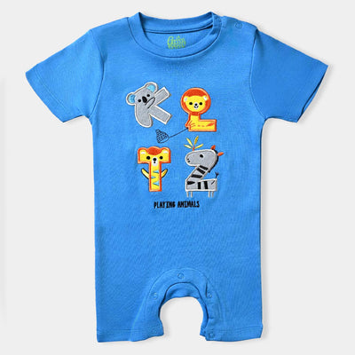 Infant Boys Cotton Interlock Knitted Romper Playing Animals-B.Blue