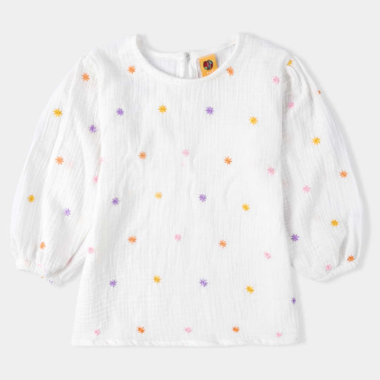 Girls Cotton Emb Top Flower Dreams-White