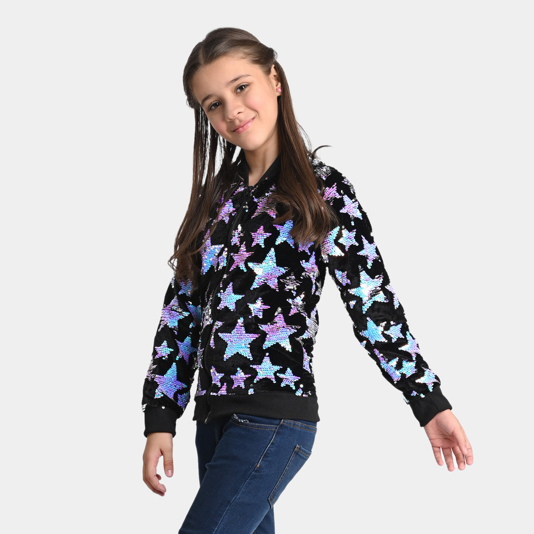 Girls Fleece Jacket Sequins B/S -BLACK