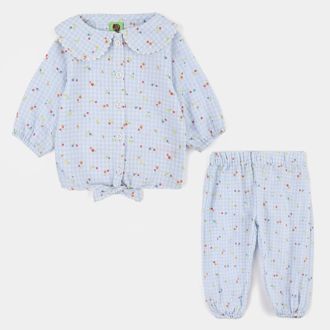 Infant Girls Cotton 2Pc Suit-Flower Bloom-Light Blue