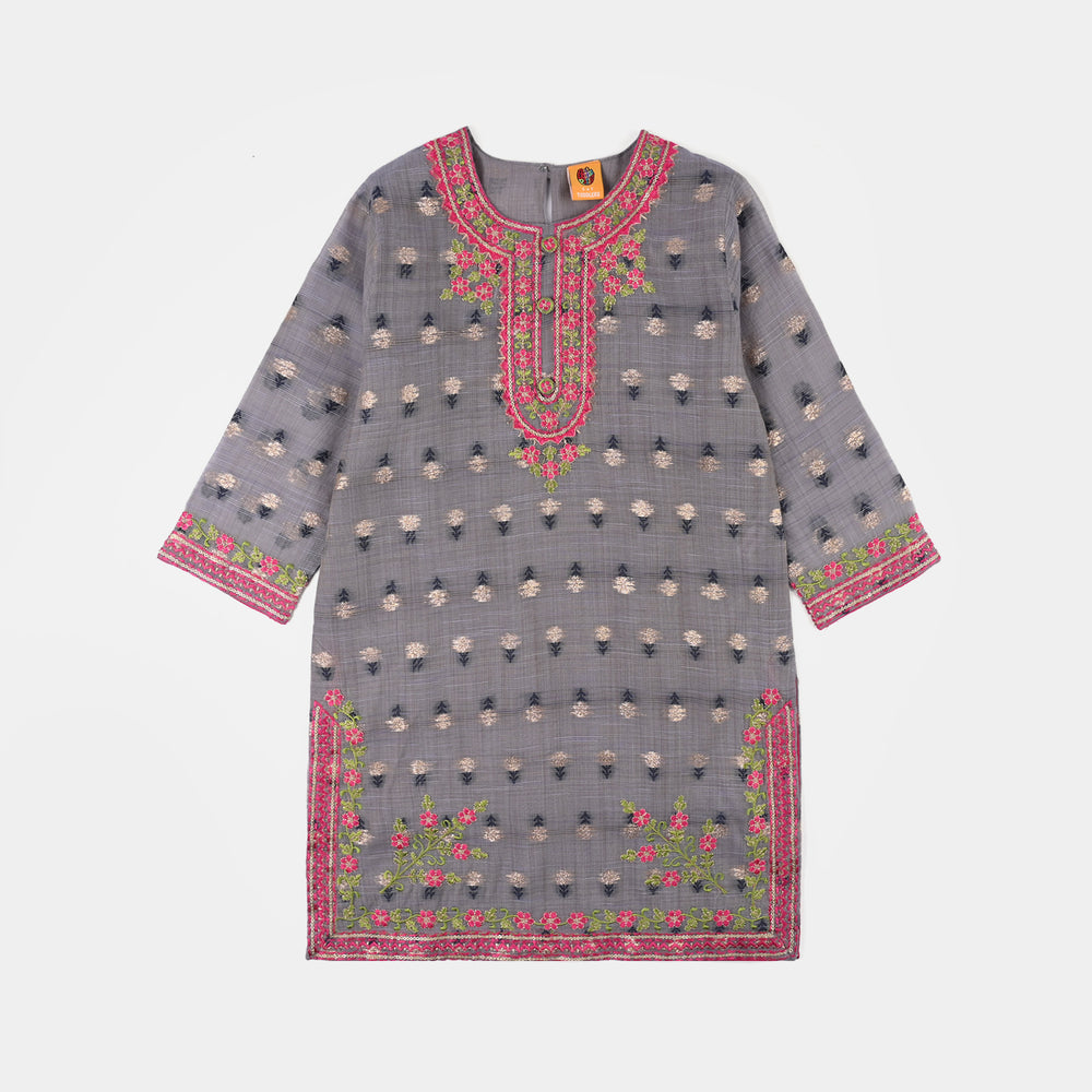 Girls Cotton Jacquard 3Piece Zari Zewar-GREY