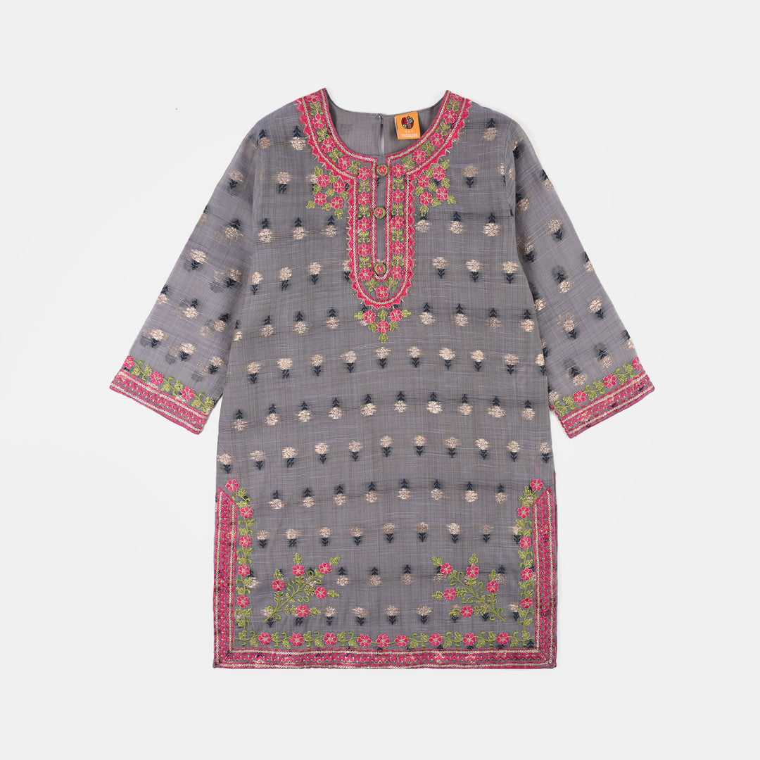 Girls Cotton Jacquard 3Piece Zari Zewar-GREY