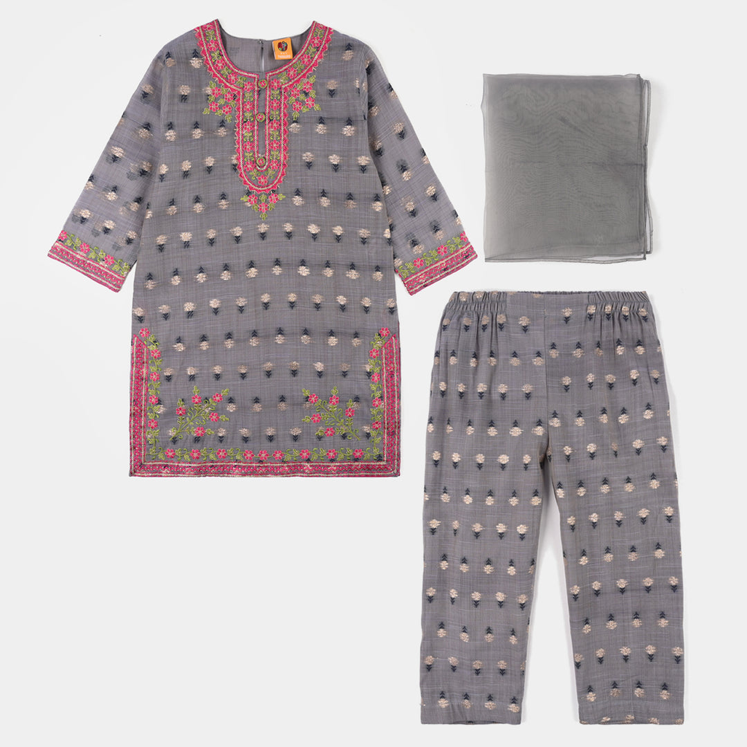 Girls Cotton Jacquard 3Piece Zari Zewar-GREY