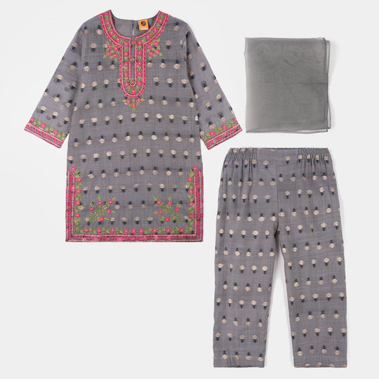 Girls Cotton Jacquard 3Piece Zari Zewar-GREY