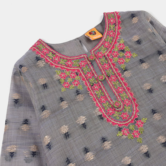 Girls Cotton Jacquard 3Piece Zari Zewar-GREY