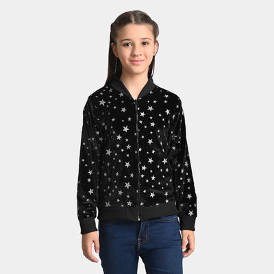 Girls Velvet Jacket Stars Glitter Print - Black