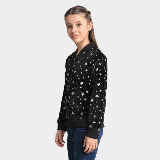 Girls Velvet Jacket Stars Glitter Print - Black