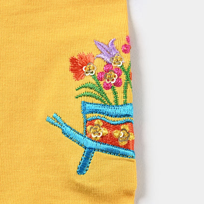 Girls Lycra Jersey Embroidered Tights Flowers Cart-Daffodill