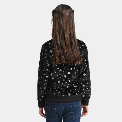 Girls Velvet Jacket Stars Glitter Print - Black