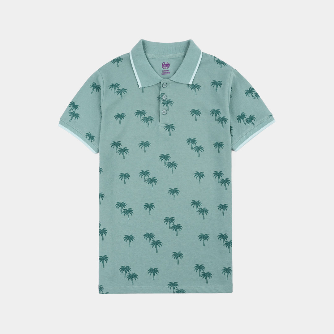 Boys Cotton PK Polo Palm Tree-Blue