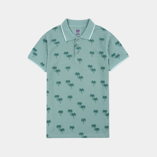 Boys Cotton PK Polo Palm Tree-Blue