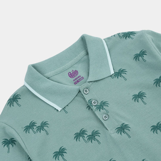 Boys Cotton PK Polo Palm Tree-Blue