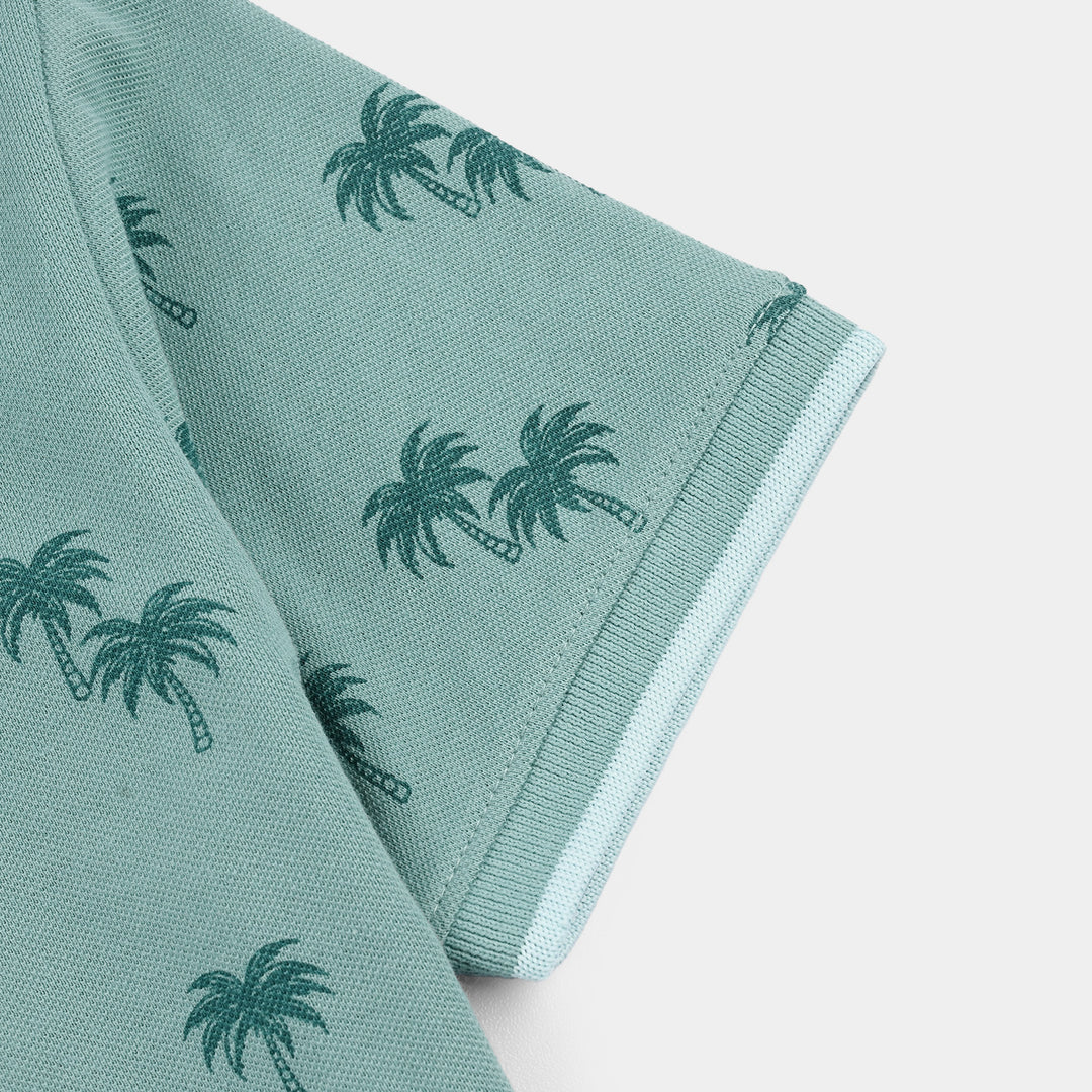 Boys Cotton PK Polo Palm Tree-Blue