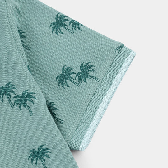 Boys Cotton PK Polo Palm Tree-Blue