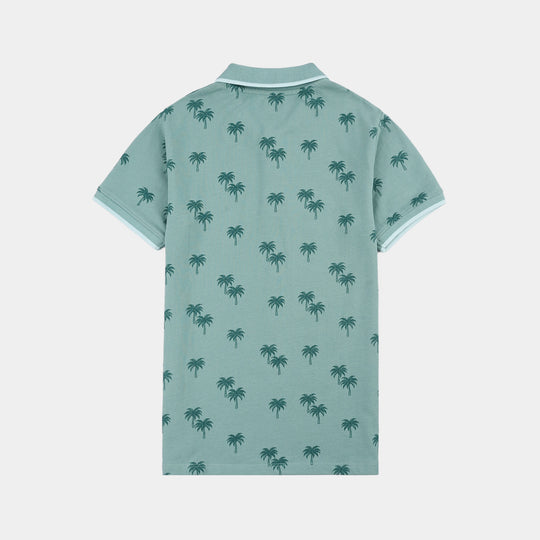 Boys Cotton PK Polo Palm Tree-Blue