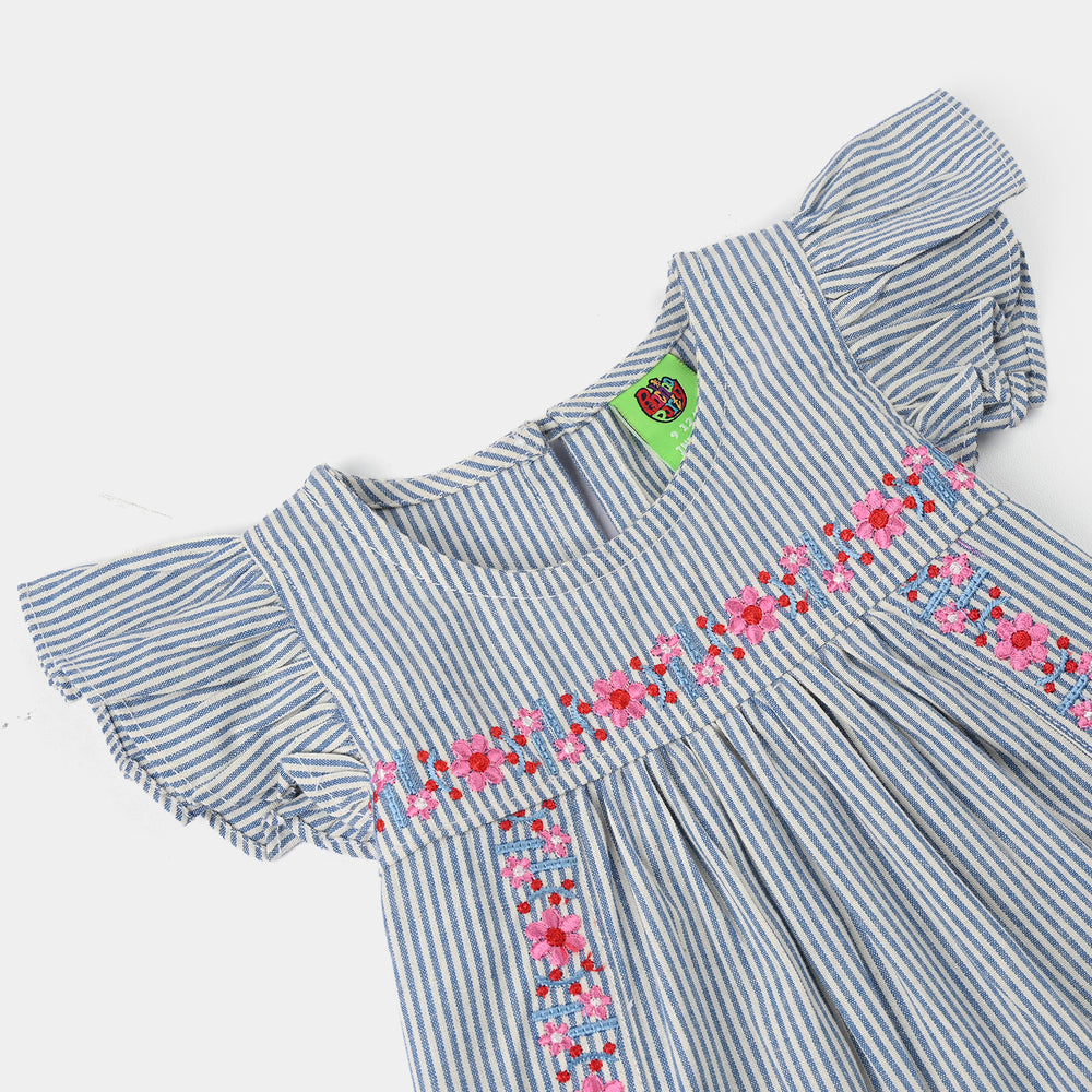 Infant Girls Poly Cotton Emb Top Tiny Flower-Blue