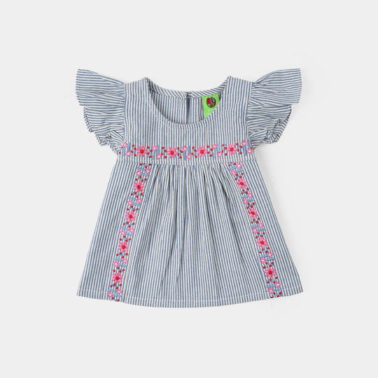 Infant Girls Poly Cotton Emb Top Tiny Flower-Blue