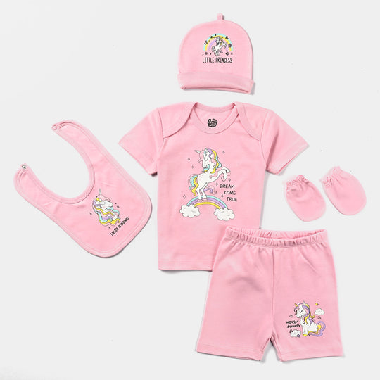 Infant Girls Cotton Interlock 5 Piece Set-(T-Shirt/Short/Cap/mittens/Bib)-mIX