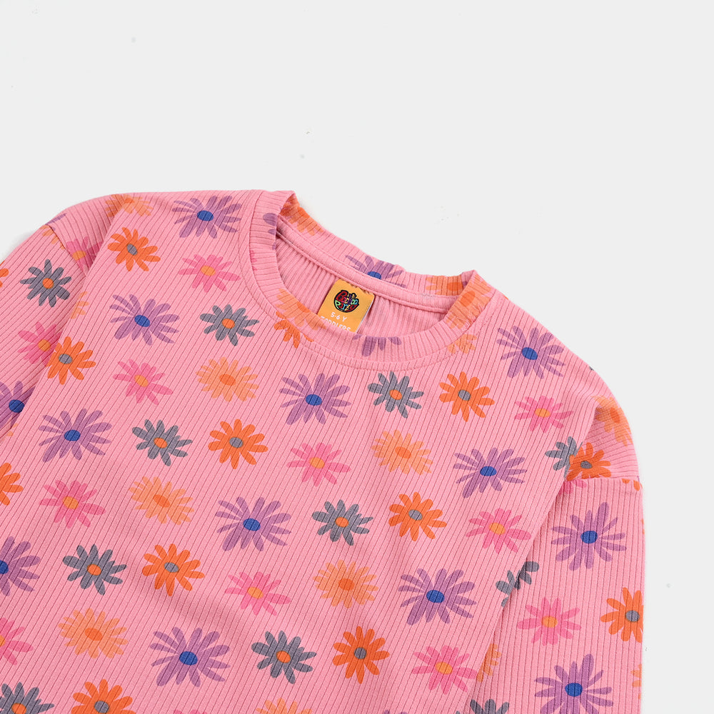 Girls 2x1 Rib T-Shirt F/S MULTI FLOWER - Pink
