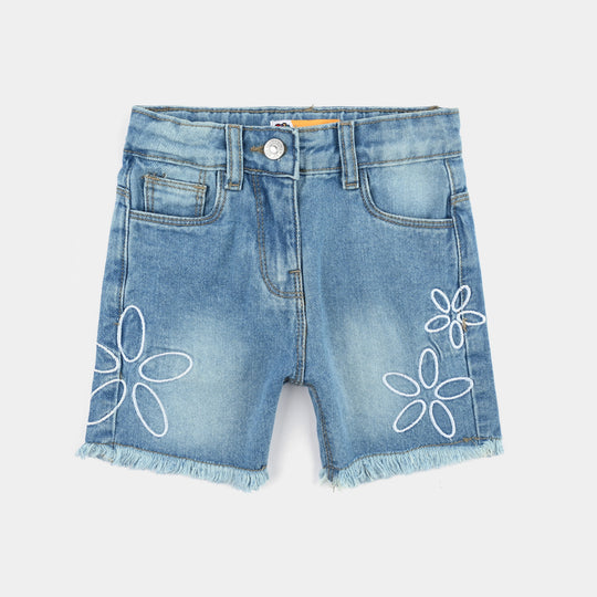 Girls Denim rigid Short Flowers-Mid Blue