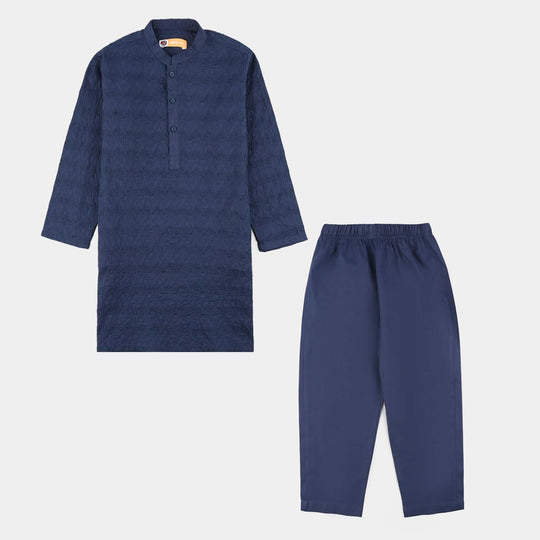 Boys Cotton Poplin Kurta Pajama (Chicken Kari) - Blue