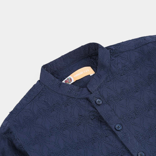 Boys Cotton Poplin Kurta Pajama (Chicken Kari) - Blue