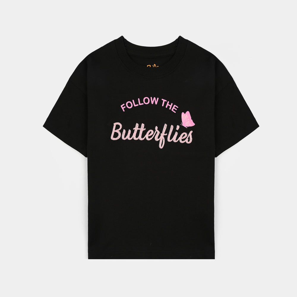 Girls Jersey/Terry 2 Piece Suit Butterflies-BLACK