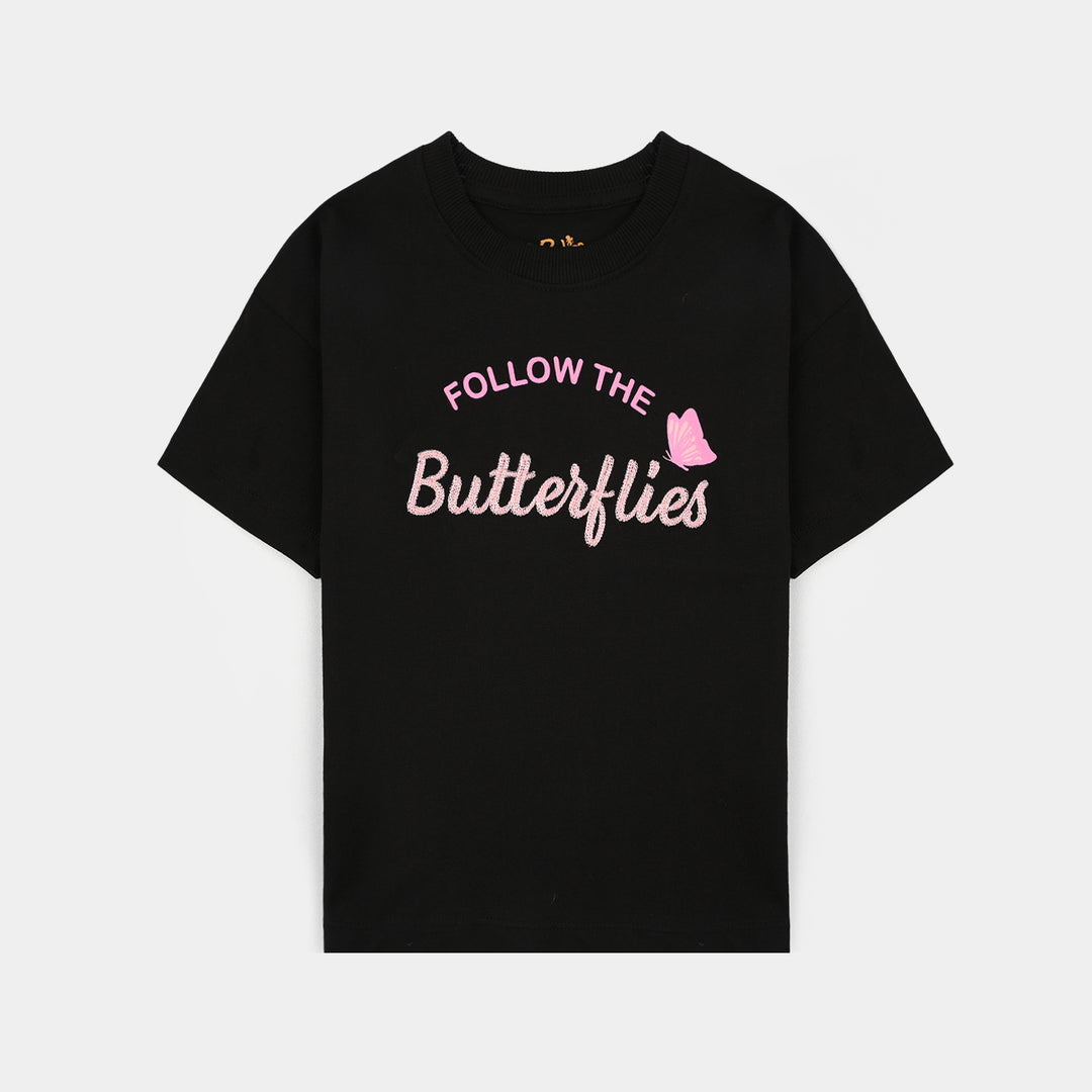 Girls Jersey/Terry 2 Piece Suit Butterflies-BLACK