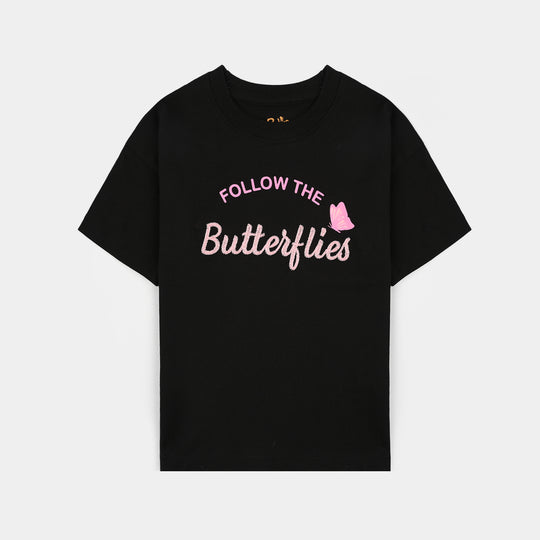 Girls Jersey/Terry 2 Piece Suit Butterflies-BLACK