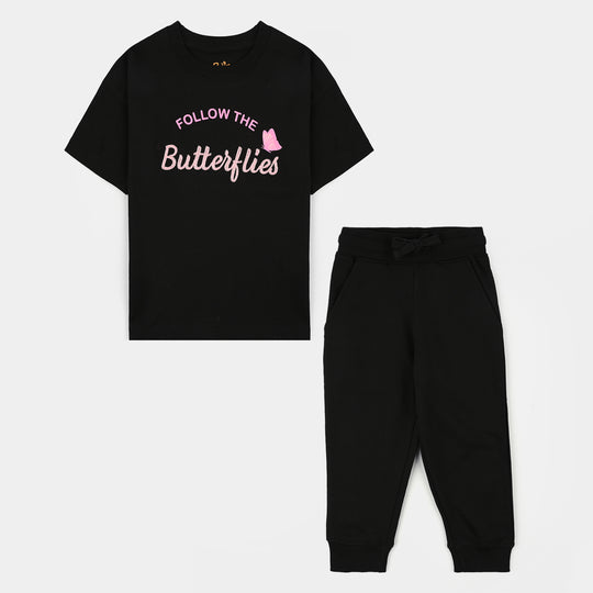 Girls Jersey/Terry 2 Piece Suit Butterflies-BLACK