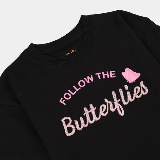 Girls Jersey/Terry 2 Piece Suit Butterflies-BLACK
