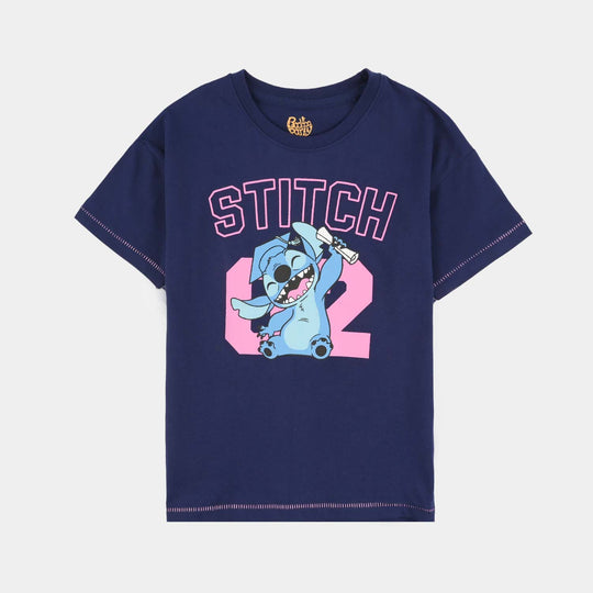 Girls Jersey/Terry T-Shirt (Stitch) - Navy Blue